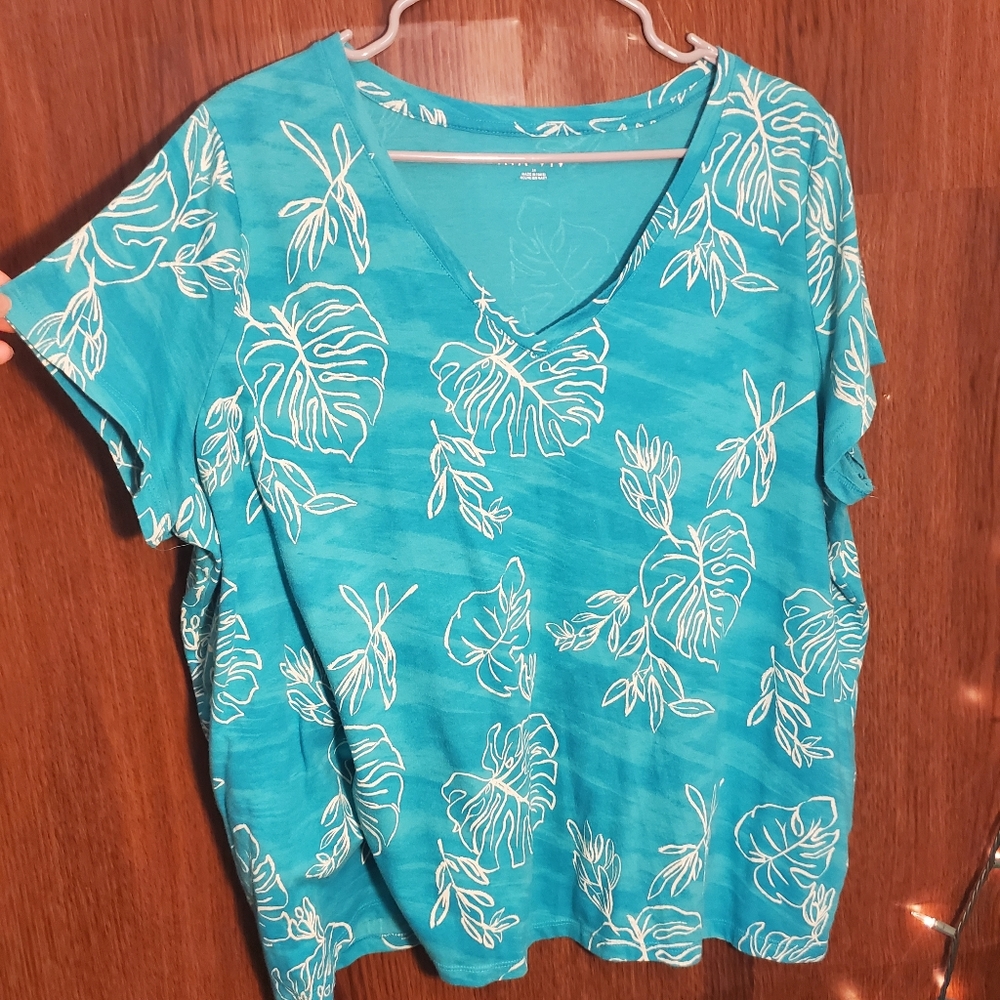 AVA & VIV Teal V Neck Top with White Leaf Details